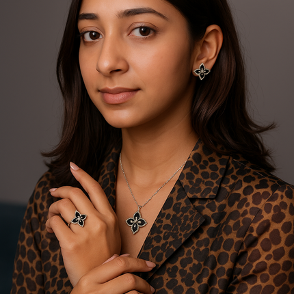Noir Edge Petal Silver Necklace | Black Enamel Florals