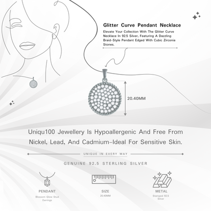 Glitter Curve Pendant Necklace | 925 Silver with CZ