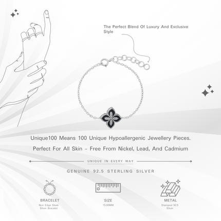 Noir Edge Sleek Silver Bracelet | Black Floral Jewelry