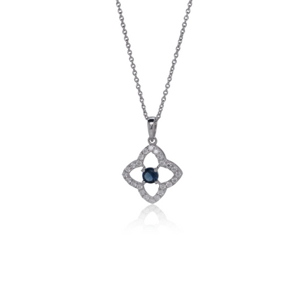 Floral Pendant With Link Chain | Sapphire-Centered Silver Blossom