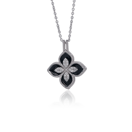 Noir Edge Petal Silver Necklace | Black Enamel Florals