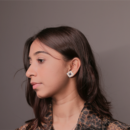 Floral Stud Earrings with Sapphire Detail | Sterling Silver Design