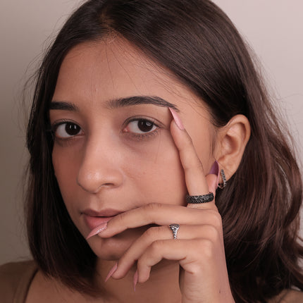 Floral Spark Black Silver Ring | CZ Petal Design