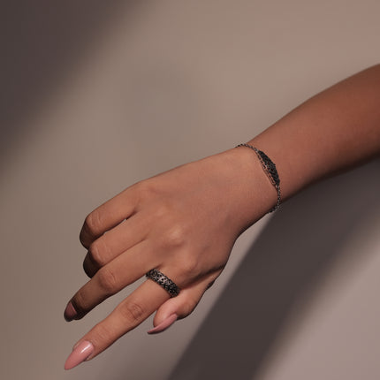 Floral Spark Black Silver Ring | CZ Petal Design