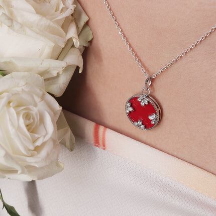 Red Bloom Silver Necklace | Red Stone Floral Pendant