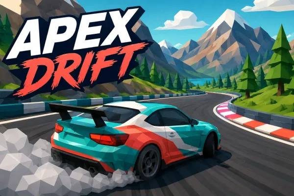 Low-poly racing car drifting around a curving circuit with mountains and trees in Apex Drift
