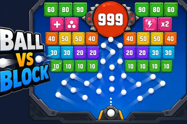 Blue arcade playfield with balls bouncing toward a grid of colorful blocks above a bottom launcher
