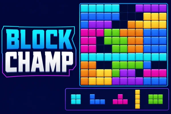 Dark 10×10 block puzzle board with colorful square pieces and a three-piece tray in Block Champ