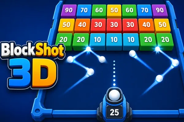 Blue 3D arcade board with a ball launcher firing at numbered blocks in BlockShot 3D