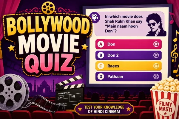 Bollywood movie trivia quiz interface with cinema-themed graphics and multiple-choice answers