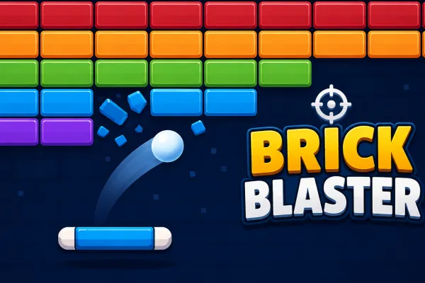 Blue paddle bouncing a ball toward colorful brick rows with the Brick Blaster game logo and a crosshair icon
