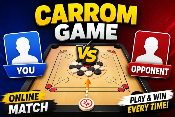 Carrom board with white, black, and red Queen coins arranged around the center and a striker positioned on the baseline