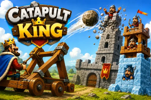 Catapult launching a boulder toward enemy castle structures in Catapult King