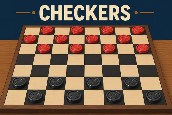 Checkers board with red and black pieces arranged for a game