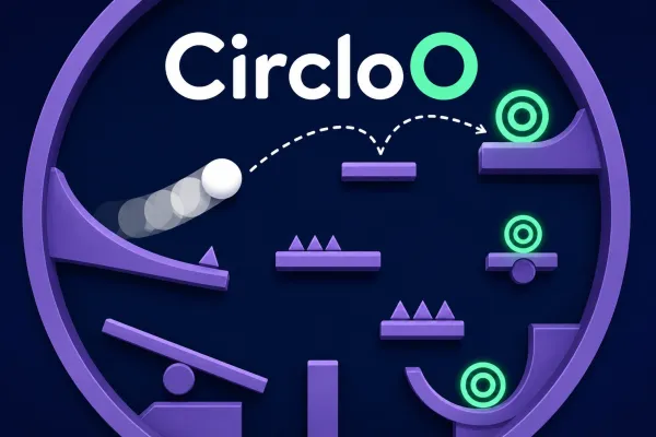 White ball rolling through a dark circular arena toward glowing target rings and curved platforms in CircloO