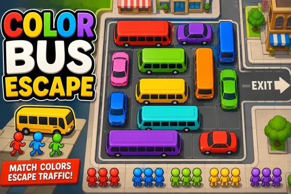 Colorful buses and cars arranged in a crowded traffic puzzle with matching passengers and an exit direction