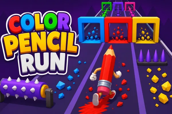 Colorful pencil running along a three-lane track toward colored gates and obstacles in Color Pencil Run