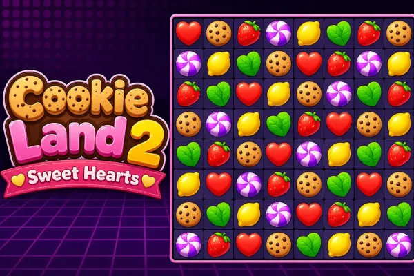 Cookie Land 2: Sweet Hearts match-3 board with colorful heart, cookie, strawberry, candy, lemon, and mint pieces on a dark purple arcade-style background