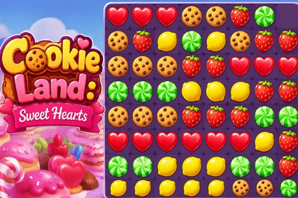 Colorful heart, cookie, strawberry, lemon, and mint sweets arranged on an 8x8 match-3 game board