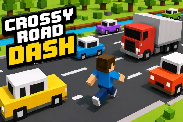Blocky character crossing roads between cars and a truck in a 3D arcade game