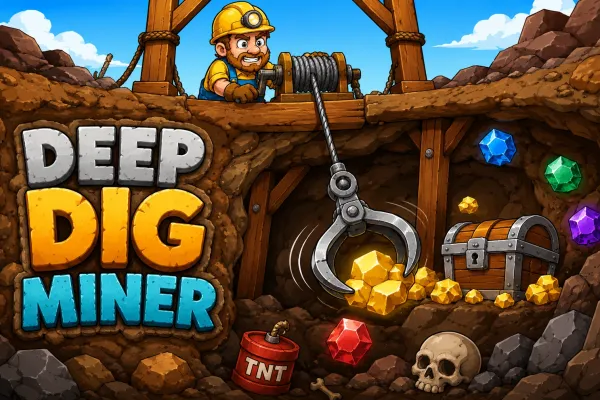 Miner using a swinging hook to collect gold, gems, and treasure inside an underground cave