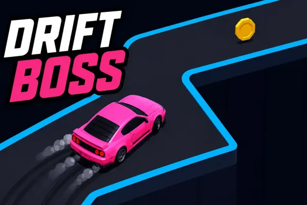 Pink sports car drifting along a dark track with cyan edges and a golden coin ahead