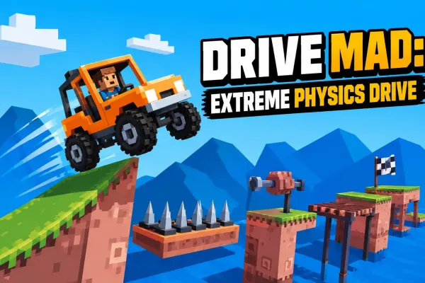 Orange physics car launching from a ramp in an obstacle-course driving game