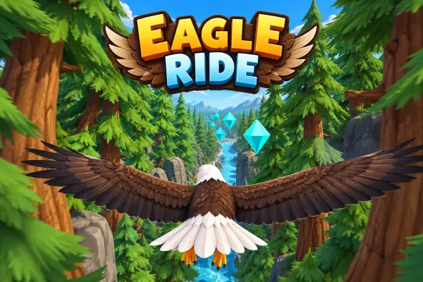 Bald eagle flying through a forest gap with turquoise gems ahead in Eagle Ride