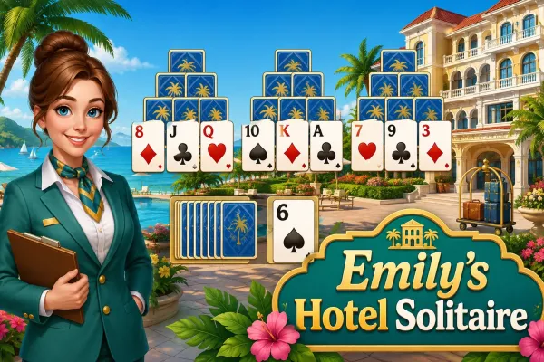 Tropical hotel resort scene with Emily beside a TriPeaks solitaire card tableau.