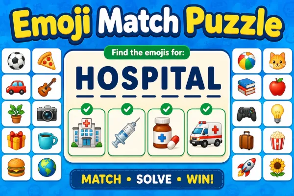 Emoji Match Puzzle showing the word HOSPITAL with matching medical emojis and a grid of emoji choices