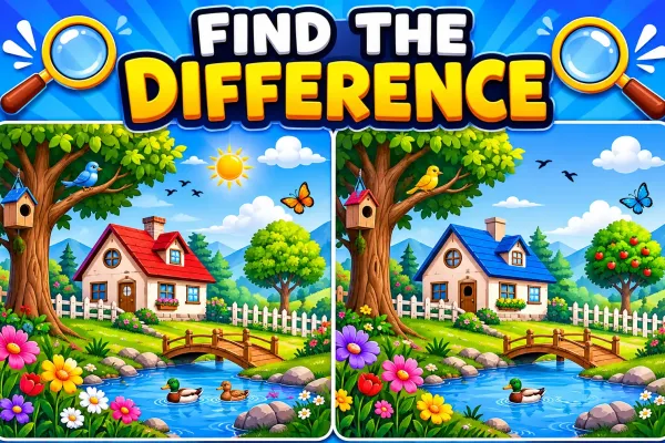 Two colorful side-by-side illustrated scenes showing similar nature settings for a find-the-difference puzzle game