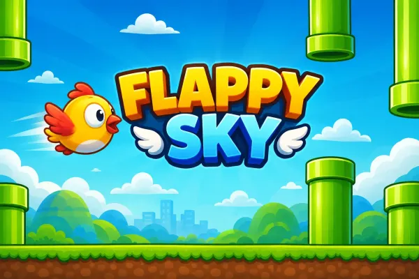 Flappy Sky game art showing a yellow cartoon bird flying between green pipes in a blue sky.