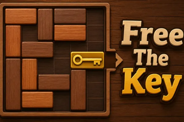 Wooden sliding-block puzzle with a golden key positioned near the right-side exit