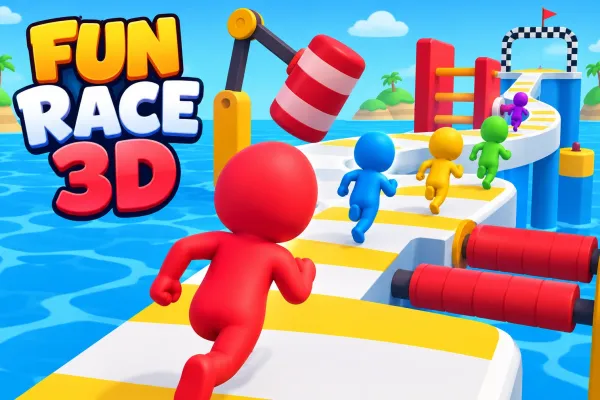 Colorful cartoon runners racing along a bright obstacle-filled track in Fun Race 3D