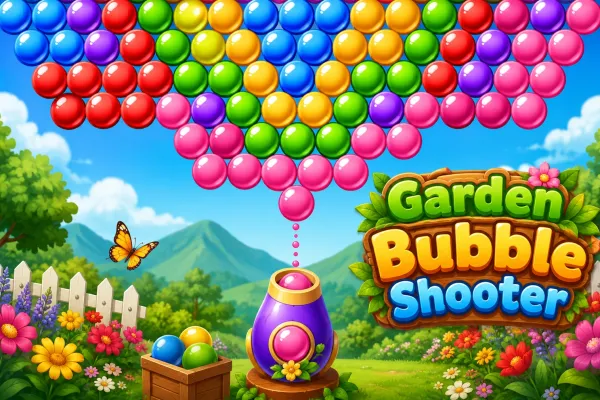 Colorful bubbles arranged above a shooting cannon in a bright garden setting