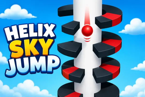 Red ball falling through gaps in a dark 3D helix tower against a blue sky