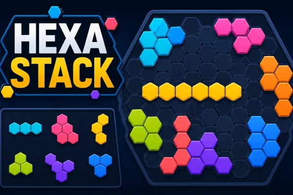 Colorful hexagonal pieces arranged on a dark Hexa Stack puzzle board with pieces waiting in a side tray