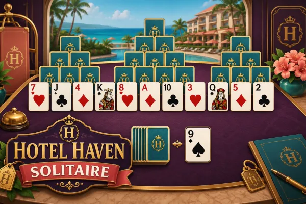 Tri-Peaks solitaire cards arranged on a dark purple hotel-themed game board