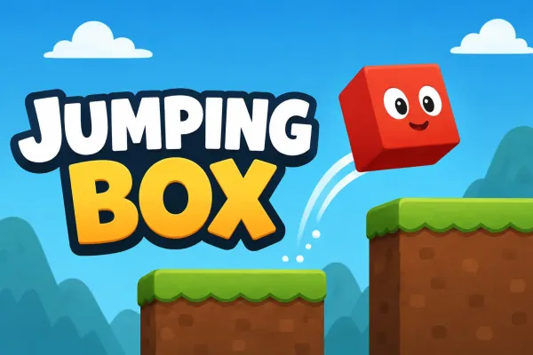 Blue box character jumping between colorful platforms with obstacles and coins
