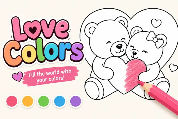 Two teddy bears hugging a pink heart beside colorful Love Colors lettering