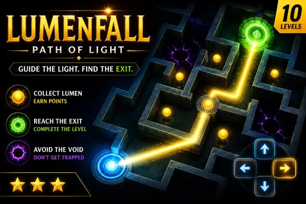 Lumenfall: Path of Light maze with a glowing golden beam leading through stone corridors toward a green exit portal
