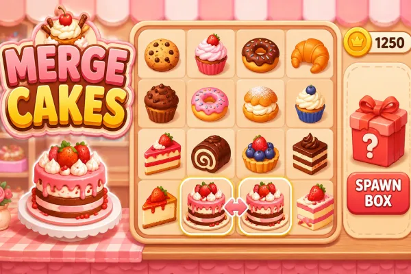 Bakery board filled with colorful tiered cakes and cookies in Merge Cakes