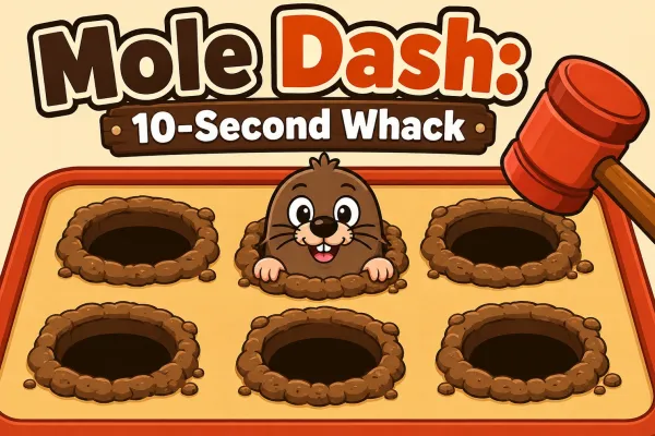 Cartoon mole popping from a dirt hole in a six-hole whack-a-mole browser game