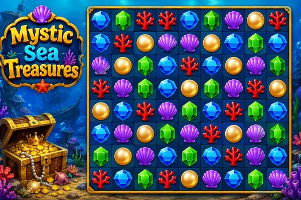 Ocean-themed match-3 puzzle grid with blue gems, green crystals, red coral, gold pearls, and purple shells.