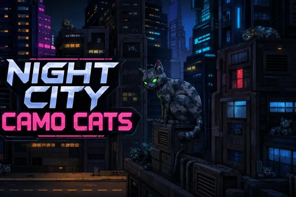 Futuristic night city with small camouflaged cyber cats hidden among illuminated buildings and along the street