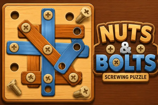 Wooden and blue mechanical plates secured by screws and surrounded by empty holes in a Nuts & Bolts puzzle game