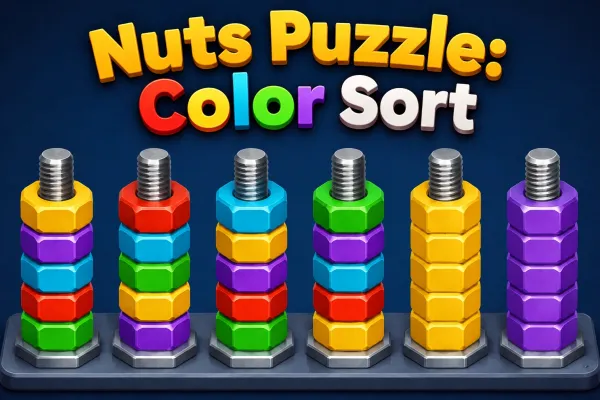 Colorful hexagonal nuts arranged on metallic screws in a color-sorting puzzle game