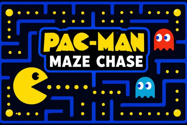 Yellow Pac-Man navigating a dark blue maze with yellow pellets and two colorful ghosts