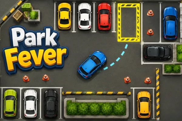 Top-down parking lot with a blue hatchback approaching a highlighted parking bay among parked cars and cones