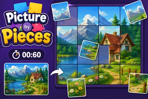 Scrambled picture tiles arranged on a dark puzzle-game interface with a partially reconstructed scenic image